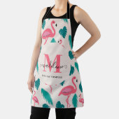 Tropical Leaves Hot Pink Flamingo Modern Monogram エプロン (インサイチュ)