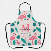 Tropical Leaves Hot Pink Flamingo Modern Monogram エプロン (正面)