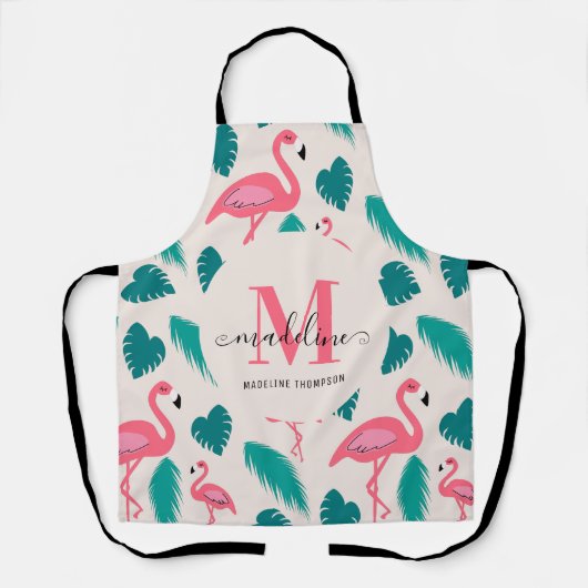 Tropical Leaves Hot Pink Flamingo Modern Monogram エプロン (正面)