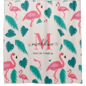 Tropical Leaves Hot Pink Flamingo Modern Monogram シャワーカーテン (正面)
