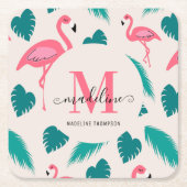 Tropical Leaves Hot Pink Flamingo Modern Monogram スクエアペーパーコースター (正面)
