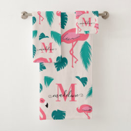 Tropical Leaves Hot Pink Flamingo Modern Monogram バスタオルセット