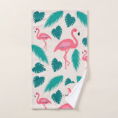 Tropical Leaves Hot Pink Flamingo Modern Monogram バスタオルセット (ハンドタオル)