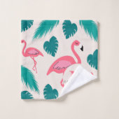 Tropical Leaves Hot Pink Flamingo Modern Monogram バスタオルセット (ウォッシュタオル)