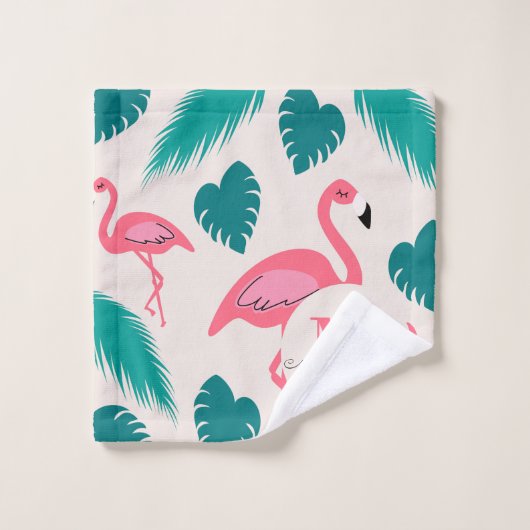 Tropical Leaves Hot Pink Flamingo Modern Monogram バスタオルセット (ウォッシュタオル)