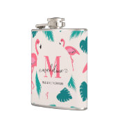 Tropical Leaves Hot Pink Flamingo Modern Monogram フラスク (左)