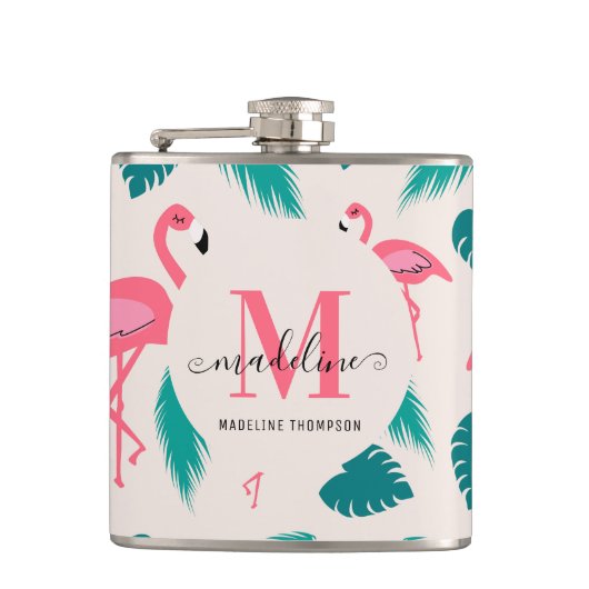 Tropical Leaves Hot Pink Flamingo Modern Monogram フラスク (正面)