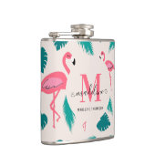 Tropical Leaves Hot Pink Flamingo Modern Monogram フラスク (右)