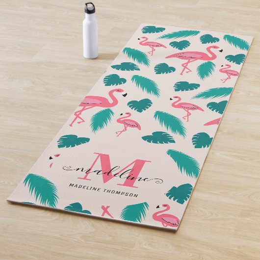 Tropical Leaves Hot Pink Flamingo Modern Monogram ヨガマット (インサイチュ)