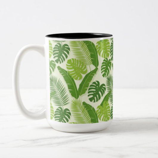 Tropical Leaves & Monstera Seamless Pattern ツートーンマグカップ (左)