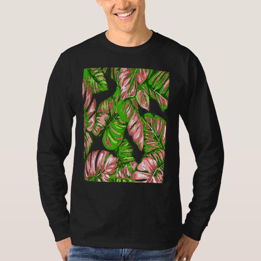 Tropical Leaves Of Banana and Monstera Pink Green  Tシャツ (正面)