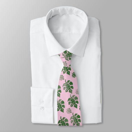 Tropical Leaves Pattern Green on Pink  ネクタイ (タイ)