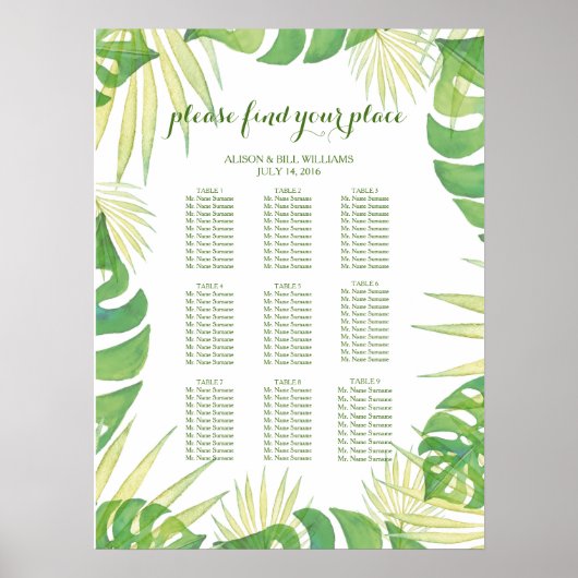 Tropical leaves wedding dinner seating chart ポスター (正面)