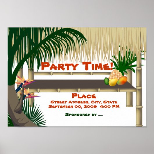 Tropical Luau Party Tiki Bar Hut Invitation Poster ポスター (正面)