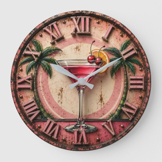 Tropical Martini Pink Cocktail Bar Decor ラージ壁時計 (正面)