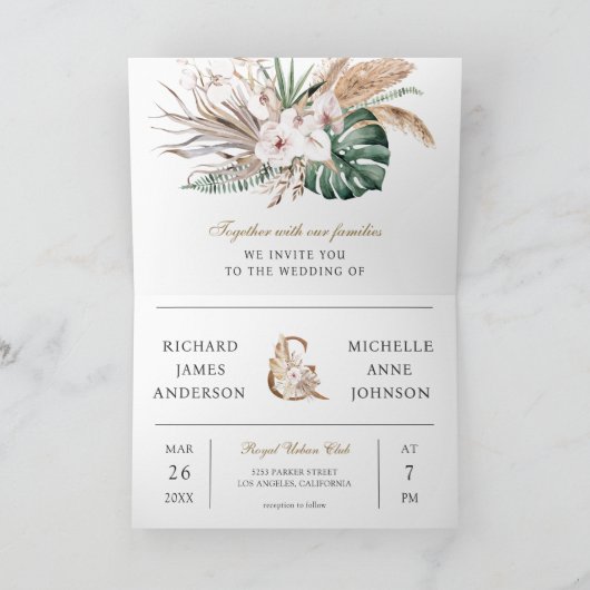 Tropical Monstera Boho Pampas QR Code Wedding 招待状 (内部)