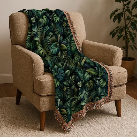 Tropical Monstera Botanical Green Jungle Throw Bla スローブランケット