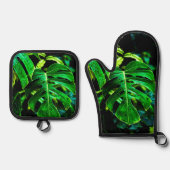 Tropical Monstera Glow – Jungle Leaf Photography 鍋つかみ&鍋敷きセット (正面)