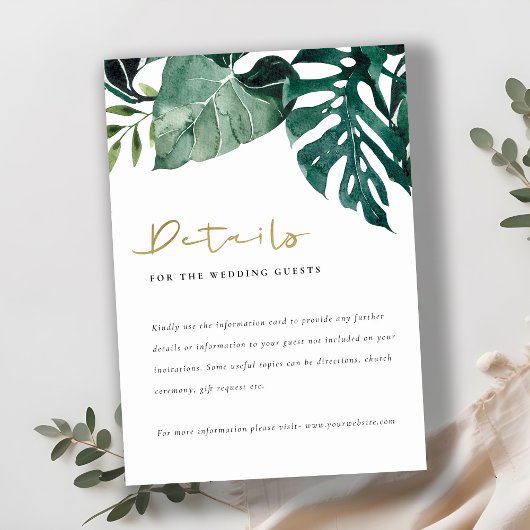 Tropical Monstera Green Foliage Wedding Details エンクロージャーカード