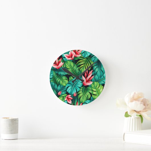 Tropical Monstera Heliconia Jungle Pattern ラウンド壁時計 (ホーム)