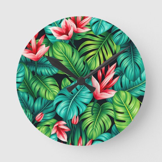 Tropical Monstera Heliconia Jungle Pattern ラウンド壁時計 (正面)