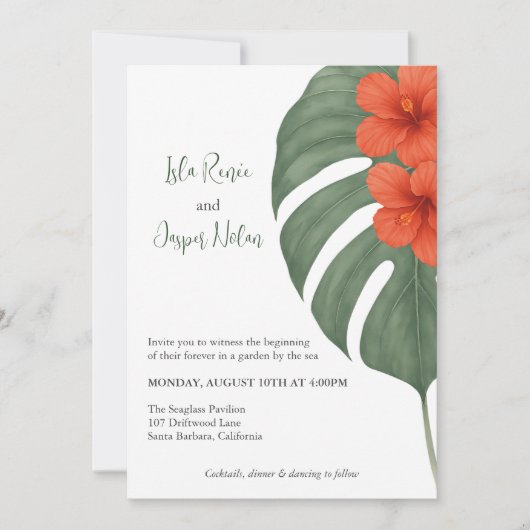 Tropical Monstera & Hibiscus Wedding 招待状 (正面)