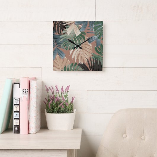 Tropical Monstera Jungle Leaves 2 スクエア壁時計 (読書スペース)