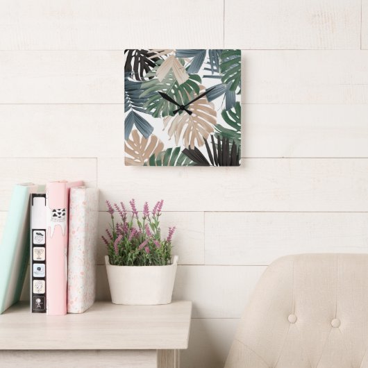 Tropical Monstera Jungle Leaves 3 スクエア壁時計 (読書スペース)