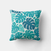 Tropical Monstera Leaf Pattern in Blue and Teal クッション (裏面)