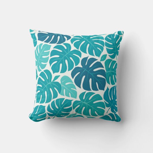 Tropical Monstera Leaf Pattern in Blue and Teal クッション (正面)