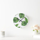 Tropical Monstera Leaves Seamless Pattern Green ラウンド壁時計 (ホーム)
