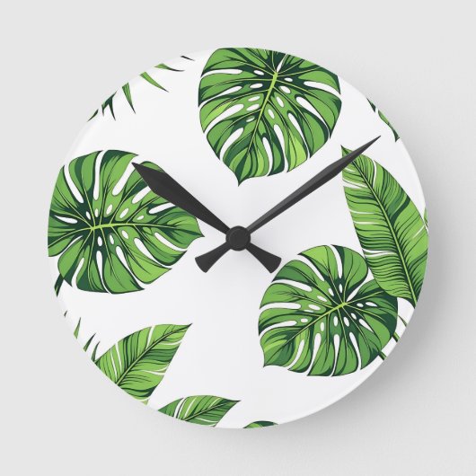 Tropical Monstera Leaves Seamless Pattern Green ラウンド壁時計 (正面)