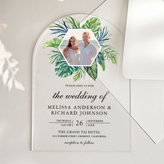 Tropical Monstera Palm Leaves Photo Wedding アクリル招待状