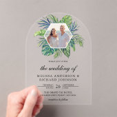 Tropical Monstera Palm Leaves Photo Wedding アクリル招待状 (インサイチュ (ポータブル))
