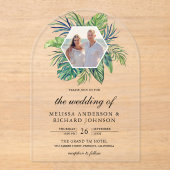 Tropical Monstera Palm Leaves Photo Wedding アクリル招待状 (正面)