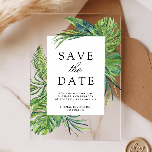 Tropical Monstera Palm Wedding Save the Date アクリル招待状