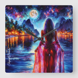 Tropical moonlit fantasy woman in paradise スクエア壁時計