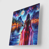 Tropical moonlit fantasy woman in paradise スクエア壁時計 (傾斜)