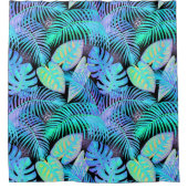 Tropical Neon Leaf Pattern on Black シャワーカーテン (正面)
