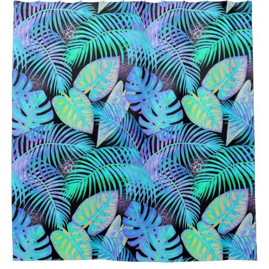 Tropical Neon Leaf Pattern on Black シャワーカーテン (正面)