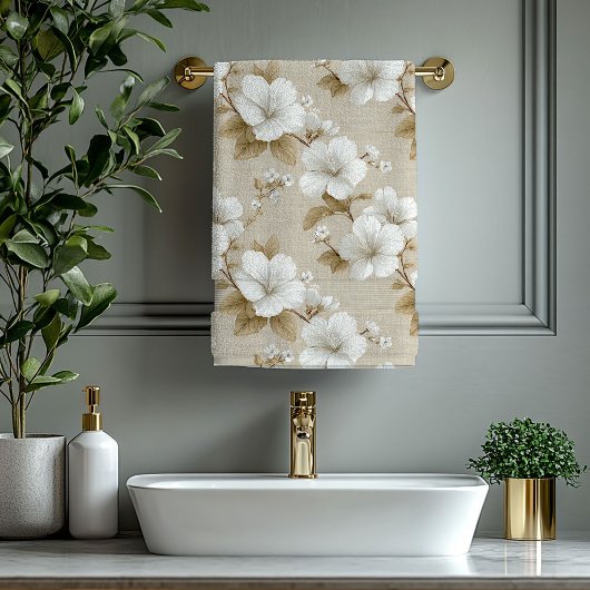 Tropical Neutral White Flowers Ivory Towel バスタオルセット