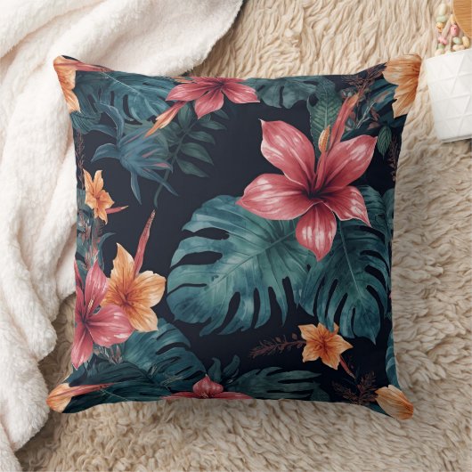 Tropical Night Blooms Vibrant Botanical Pattern クッション (ブランケット)