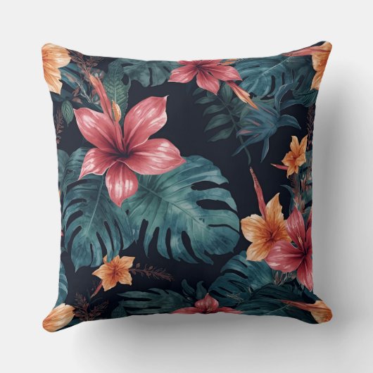 Tropical Night Blooms Vibrant Botanical Pattern クッション (裏面)