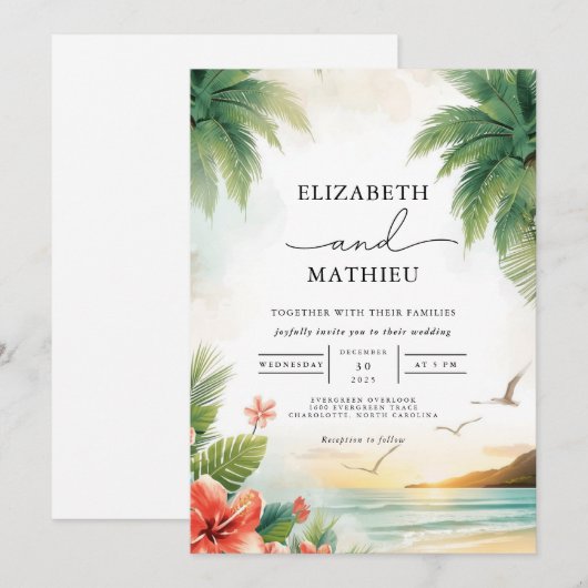 Tropical Oasis Palm Arch Wedding 招待状 (正面/裏面)