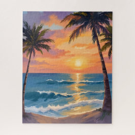 Tropical Ocean Sunset Palm Tree Watercolor ジグソーパズル