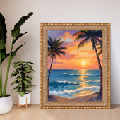 Tropical Ocean Sunset Palm Tree Watercolor ポスター