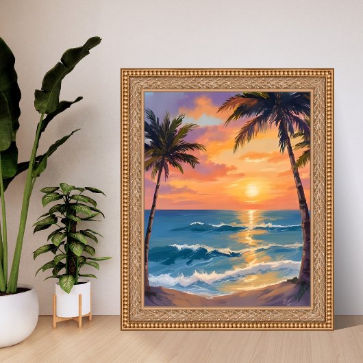 Tropical Ocean Sunset Palm Tree Watercolor ポスター