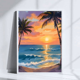 Tropical Ocean Sunset Palm Tree Watercolor ポスター