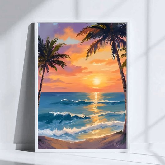 Tropical Ocean Sunset Palm Tree Watercolor ポスター