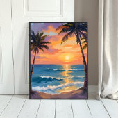 Tropical Ocean Sunset Palm Tree Watercolor ポスター